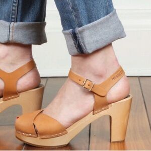 Swedish Hasbeens Merci Clog Sandals Leather Brown Tan Wood Heel Size 11